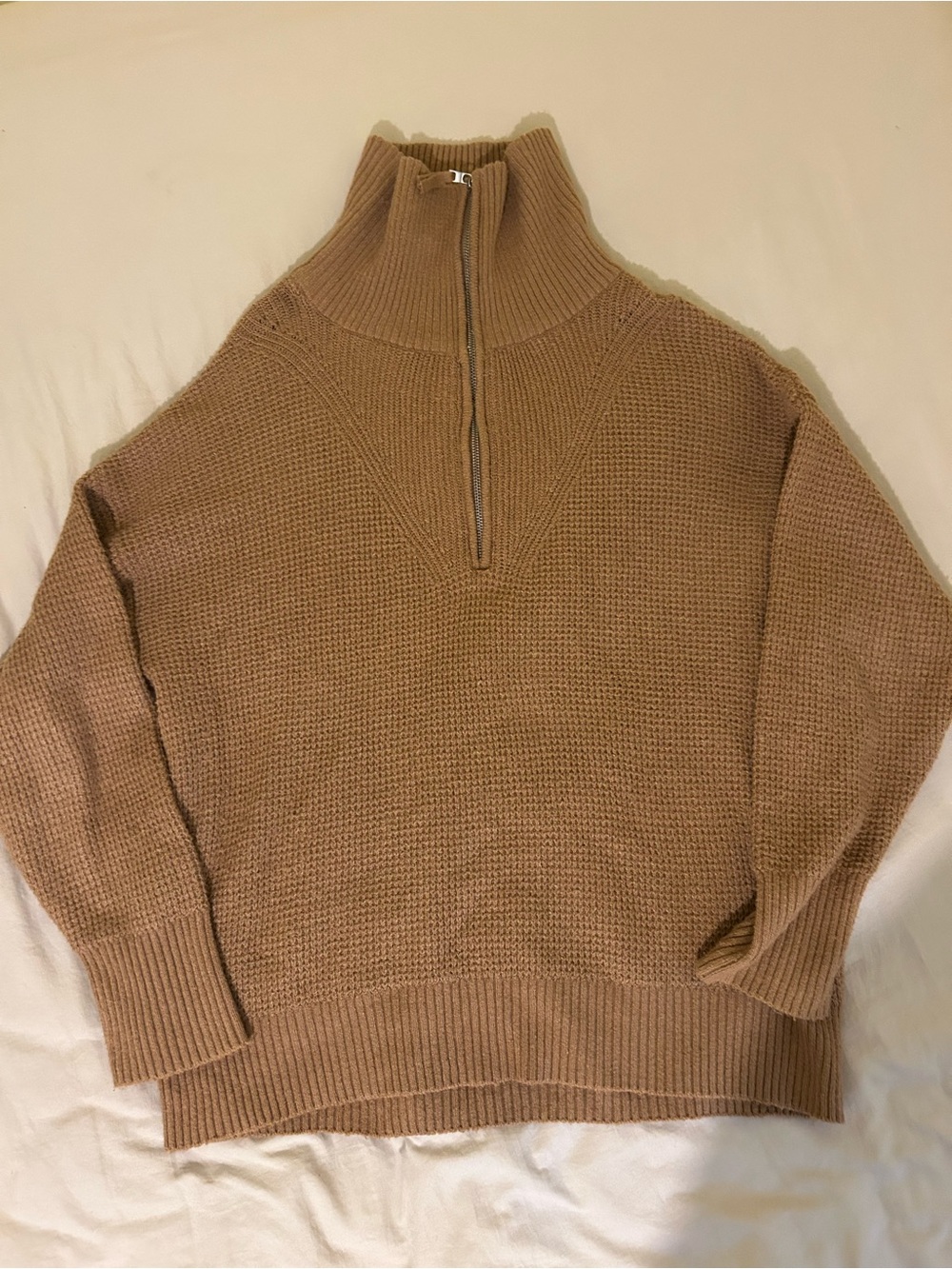 Aerie CozyUp Women’s Tan Waffle Mock Neck Knit 1/4 Zip Sweater Long Sleeve S